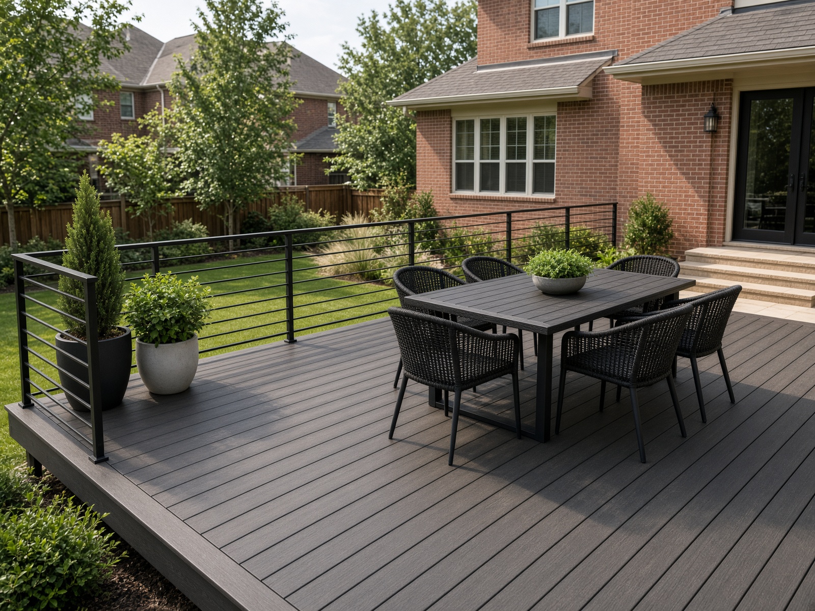 Composite deck with modern railing and outdoor dining