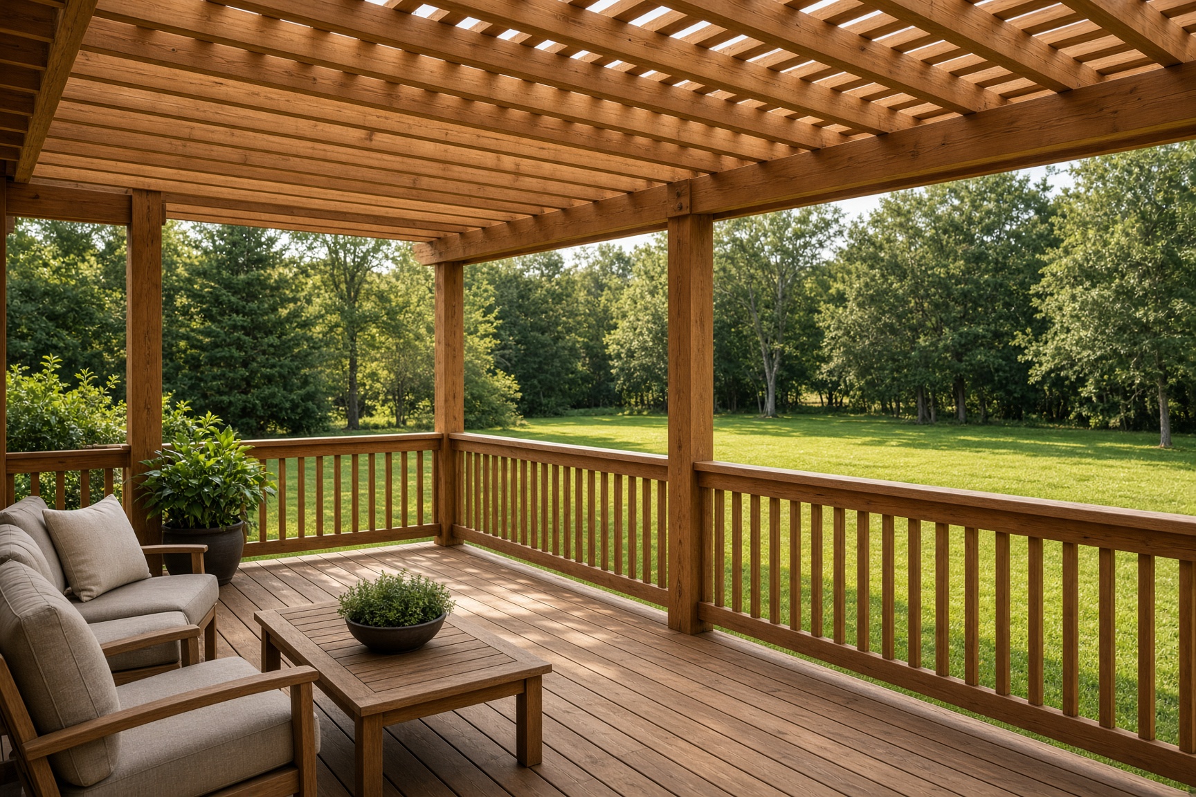 Warm cedar wood deck with a shaded pergola